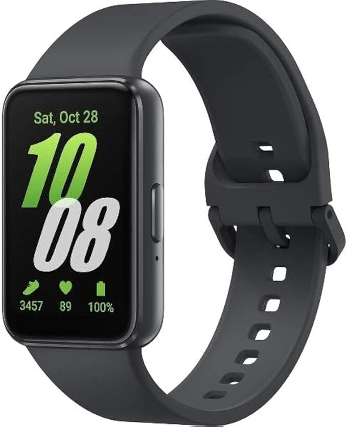 Samsung Galaxy Fit 3 silver fitness tracker worn on wrist displaying heart rate monitor